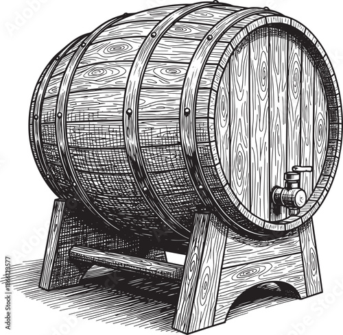 wooden barrel with metal hoops on stand