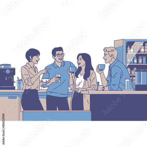 Four diverse colleagues are sharing a cheerful coffee break, laughing and communicating animatedly in a contemporary office kitchenette, rendered in a bright flat 2D graphic illustration style