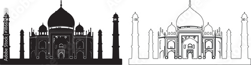 Taj Mahal Vector Icon Set: Black Silhouette and Line Art Outline isolated PNG with Transparent Background