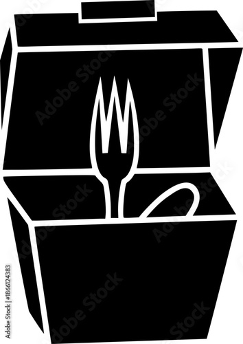 Minimalist White Outline Takeout Box with Fork - To-Go Food Icon