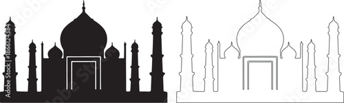 Taj Mahal Vector Silhouette and Outline Icon Set isolated PNG with Transparent Background
