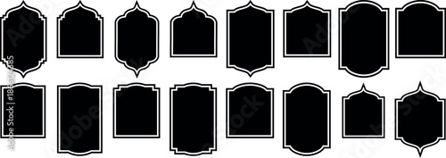 Islamic shape frame, arab ornament arch. Ramadan traditional door, arabesque ornament, islam window. Oriental black arc, east architecture icon isolated on white background. Vector illustration. 