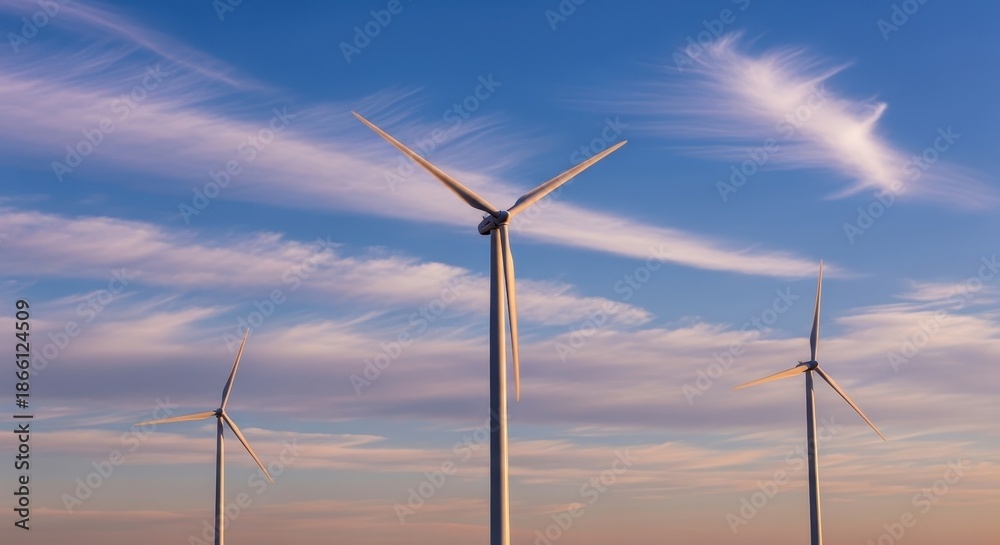 Fototapeta premium Majestic Wind Turbine Harnessing Renewable Energy Against a Vibrant Sky Filled With Wispy Clouds