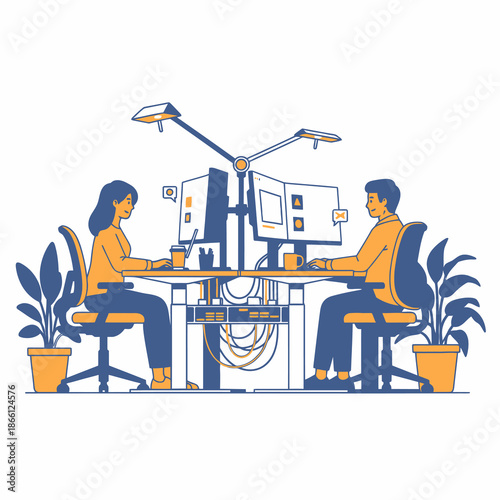 This 2D flat graphic illustration shows one male and one female employee working with intense focus on dual monitors at adjustable desks in a modern open plan office setting with potted plants