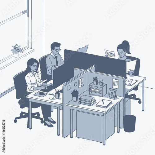 Three professional employees are working diligently at ergonomic desks, focused on dual monitors in a vibrant, sunlit open plan office, rendered as a 2D flat graphic illustration