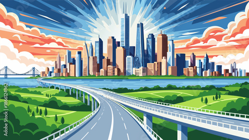 Vector illustration of a modern city skyline with a highway leading to the urban landscape under a vibrant sky