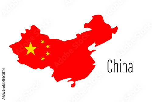 China country contour map with flag. Map silhouette of China. Linear drawing background. Vector minimalist illustration for design. Traveling, education, journey. Asian country