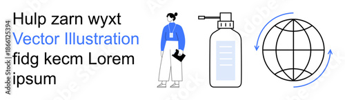 Global safety, responsibility, healthcare, environmental care, hygiene, communication. Woman with clipboard, spray bottle rotating globe icon. Global safety and hygiene
