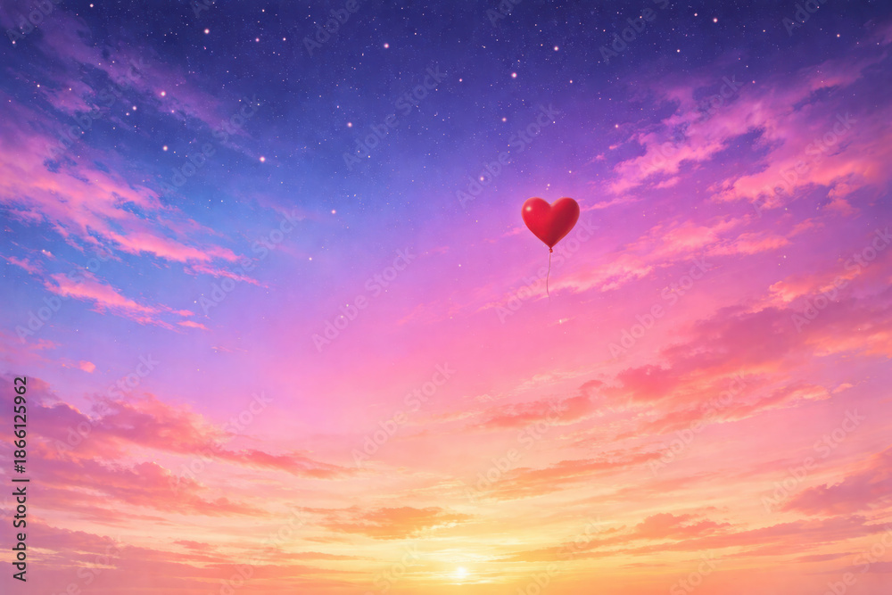 Fototapeta premium Romantic heart shaped balloon floating in vibrant sunset sky with stars
