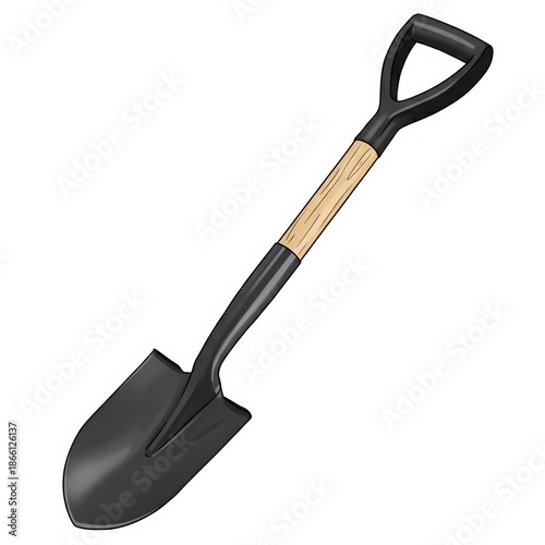 Black Steel Shovel Spade with Wooden Handle Isolated on White Background