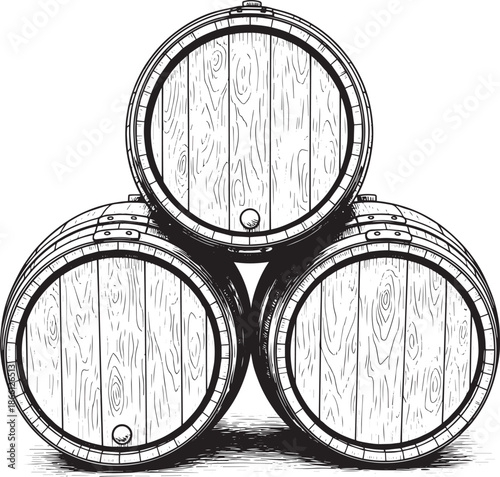 three wooden barrels stacked on top of each other