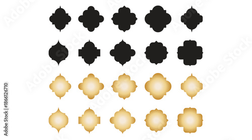Decorative quatrefoil and ornamental tile shapes, black and gold traditional moroccan pattern design elements