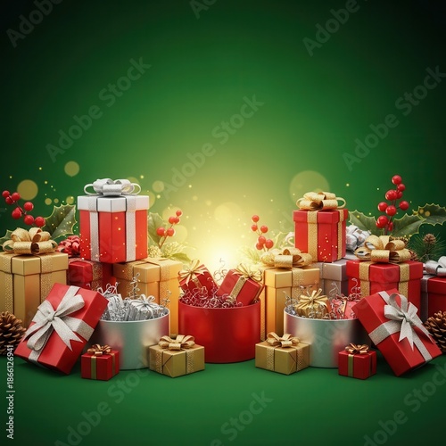 Bright christmas gift boxes piled up on green surface with sparkling effect