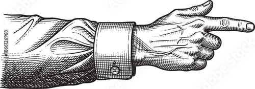 hand in shirt cuff pointing to the right