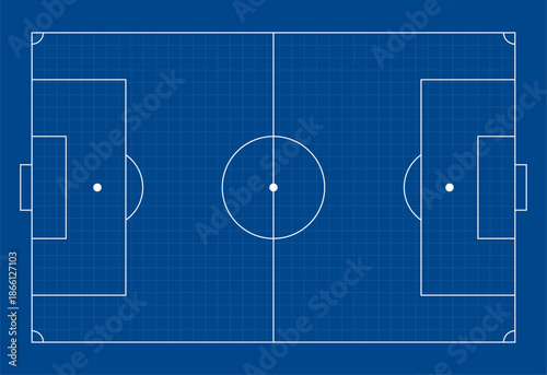 Soccer field blueprint style background with clean white line markings and grid layout on blue surface, showing full pitch plan in top view for sports design, presentation, and training visuals.