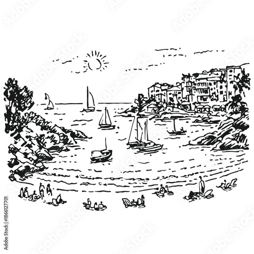 Black and white hand drawn sketch of Mediterranean bay with sailboats and beach, vector illustration