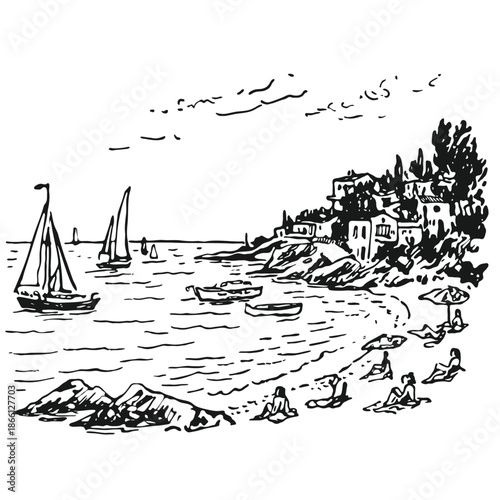Black and white hand drawn sketch of Mediterranean bay with sailboats and beach, vector illustration