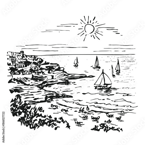 Black and white hand drawn sketch of Mediterranean bay with sailboats and beach, vector illustration