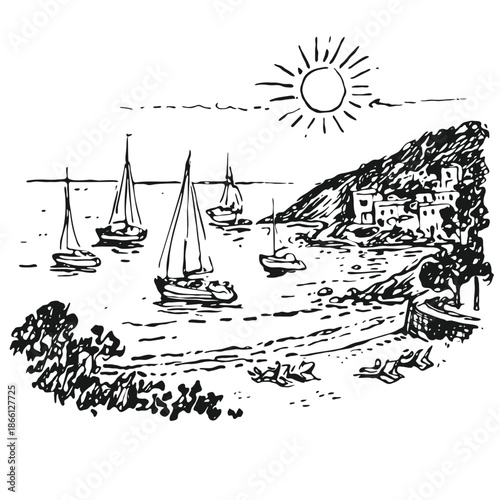 Black and white hand drawn sketch of Mediterranean bay with sailboats and beach, vector illustration
