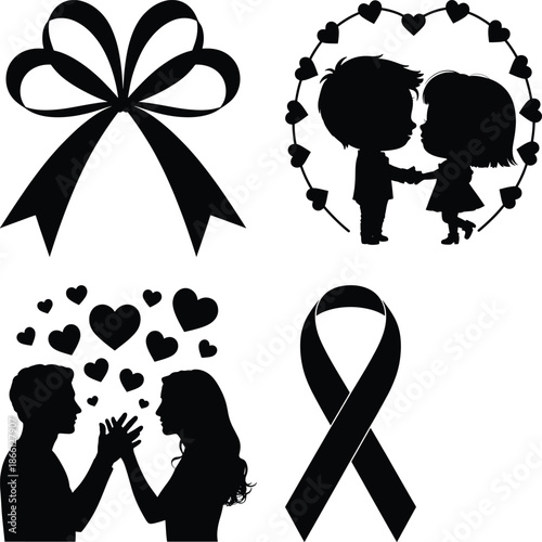 Couple love silhouettes and ribbon icon set