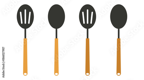 Large kitchen spoons with wooden handles, black slotted and solid cooking utensils for serving