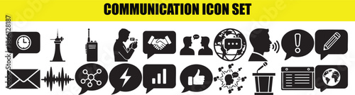 Communication icon set featuring speech bubbles world globe talking person walkie talkie and various digital message symbols