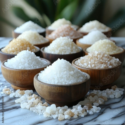Coarse sea salt crystals in wooden bowls arranged on marble surface, natural mineral texture and warm neutral tones evoking calm and rustic kitchen atmosphere