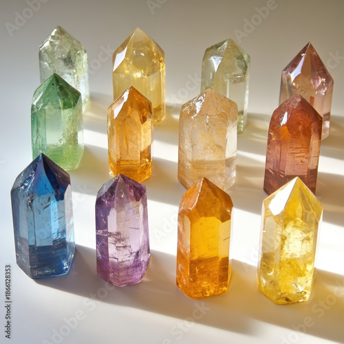 Colorful crystal point collection arranged on white surface with warm sunlight creating soft shadows and uplifting mood