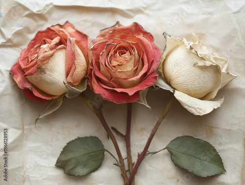 Dried rose faded rose vintage rose withered rose cream rose peach rose three roses textured paper floral still life