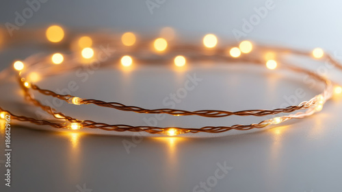 Warm fairy lights on copper wire create cozy bokeh glow, intimate ambient decoration for holiday or home lighting