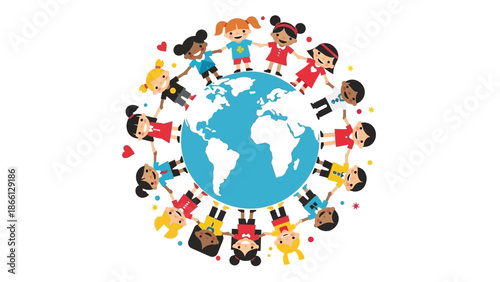 Diverse Children Surrounding Globe Illustration.