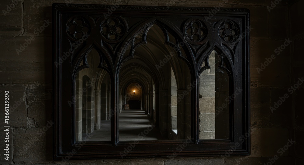 Obraz premium Mysterious Infinite Corridor Reflection in an Ornate Gothic Mirror.