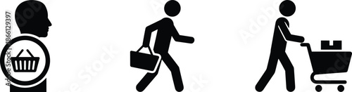 Retail shopping and customer journey icon set featuring black silhouettes of a shopper with a basket and cart for e-commerce website navigation and consumer retail marketing design