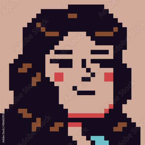 Pixel art portrait of woman with long hair. Retro 8-bit style character with calm expression, for game characters, avatars, profile icons, UI elements, stickers, and indie digital projects.