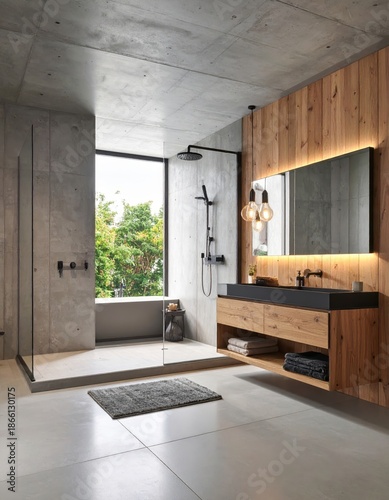 Modern bathroom with concrete walls, wooden accents, a large window, and a sleek shower area.