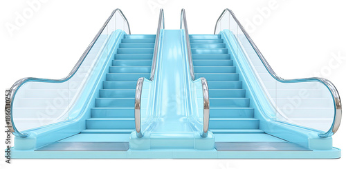 A digitally rendered escalator with a light blue color, featuring chrome handrails, and a black backdrop