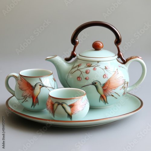 Delicate mint porcelain tea set with hummingbird illustration and floral accents, elegant curved handle and saucer evoking serene afternoon tea