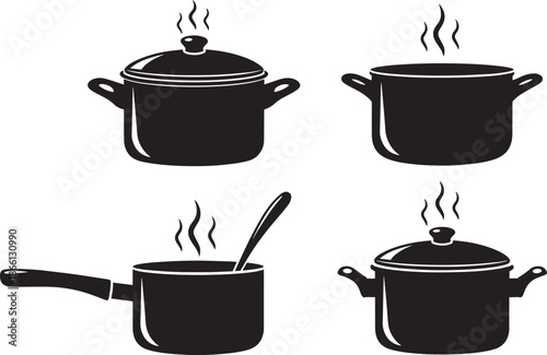 set of black pots with lids and steam rising