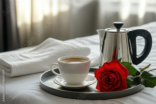Fresh coffee cup on tray with rose and stainless kettle on white bed linens creating romantic morning mood