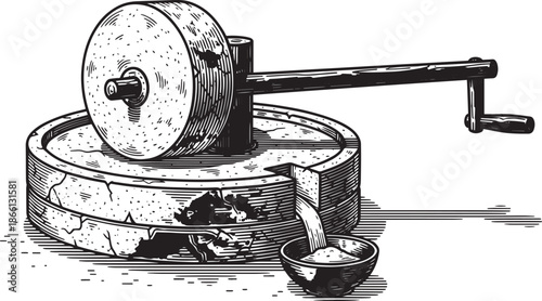 old manual stone grinding mill with bowl