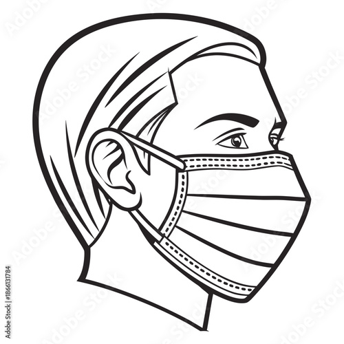 A woman's profile facing right. She has short hair pulled back, a visible ear, and is wearing a pleated surgical face mask that covers her nose and mouth. The style is simple and illustrative.