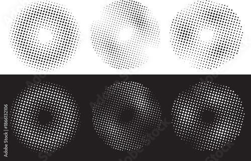 Set of black Halftone circle frame dots backgrounds. Collection of Circle halftone.