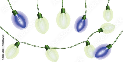 The image features a strand of decorative lights set against a white background. The lights consist of alternating purple and white bulbs, creating a vibrant and playful visual effect. Each bulb