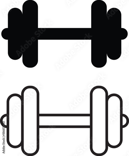 Set of dumbbell gym icons, collection of fitness weight training symbols, group of flat line vector illustrations, add barbell, workout, exercise, strength equipment, black icon