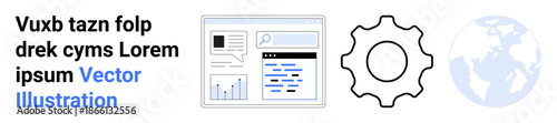 Website development, global communication, data analysis, software engineering, user interface, coding tools. Display of web interface, gear symbol and globe outline. Web design and global