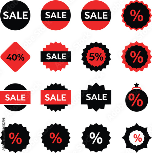 Collection of sale labels and discount badges in various designs.