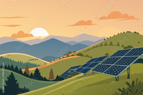 Solar Farm Rolling Hills Golden Hour Backg