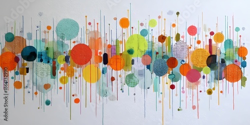 A vibrant abstract artwork featuring colorful circles and lines in various sizes and textures against a white background.