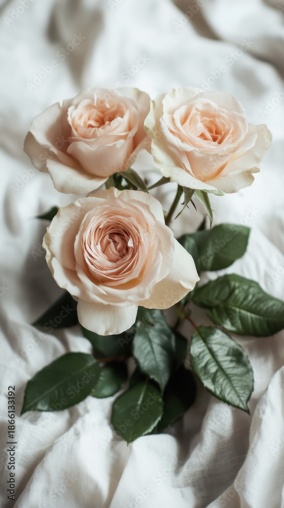 Obraz premium Soft peach rose bouquet on white fabric evokes gentle romance and delicate elegance
