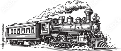 Vintage steam locomotive train with passenger car moving on tracks